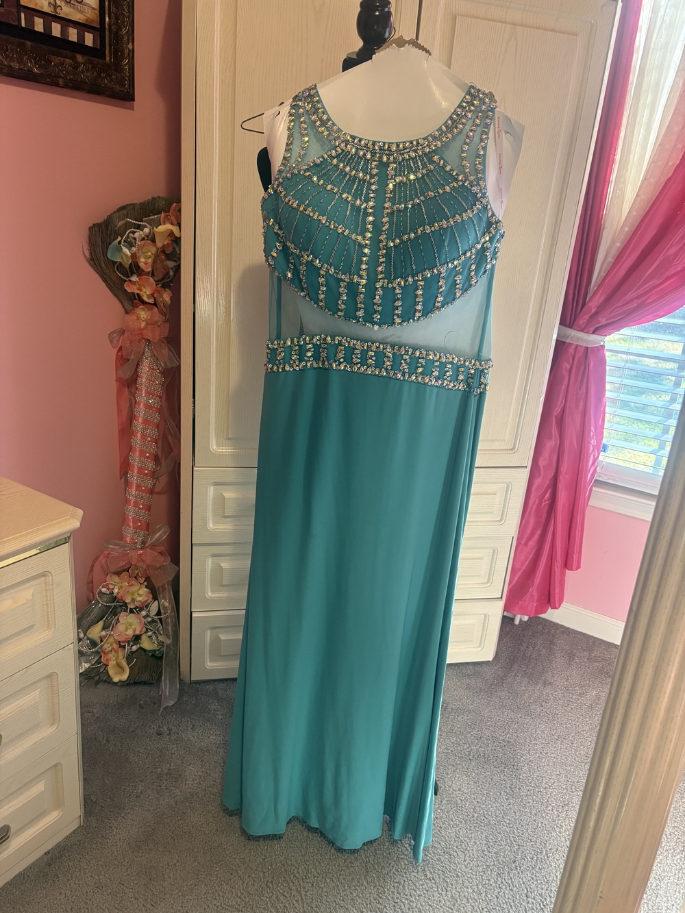 Dancing Queen Teal Beaded Prom Gown